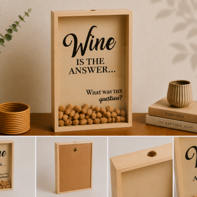 Quadro de madeira com rolhas e texto Wine IS THE ANSWER... What was THE question?