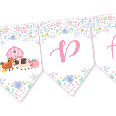 Bandeirola decorativa com animais da quinta e letras em padrão floral