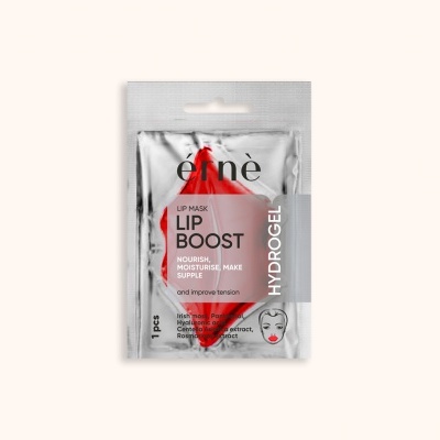 Embalagem prateada com máscara labial 'énè LIP BOOST' hidrogel
