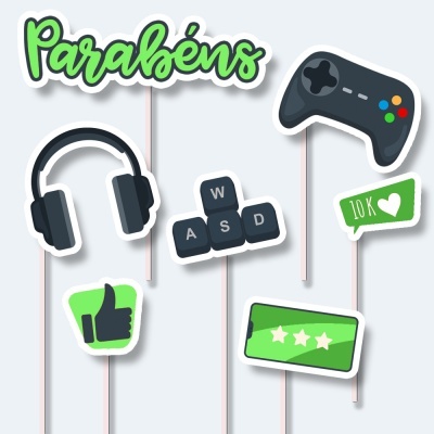 toppers para bolos com tema de videojogos e texto Parabéns
