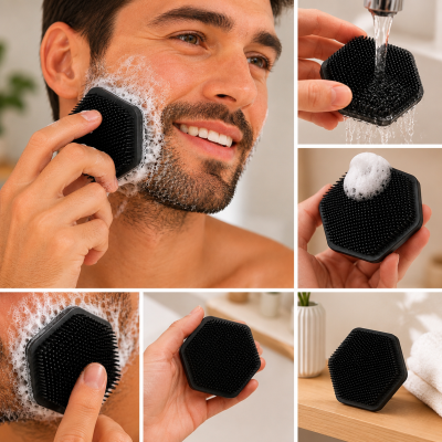 Escova facial negra hexagonal de silicone com cerdas usada para limpeza do rosto.