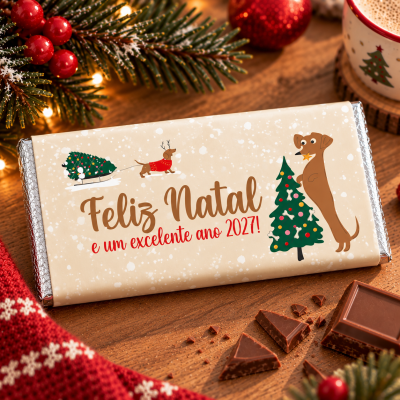 Barra de chocolate com embalagem de Natal e ilustrações de cão e árvore, sobre mesa com decoração natalícia
