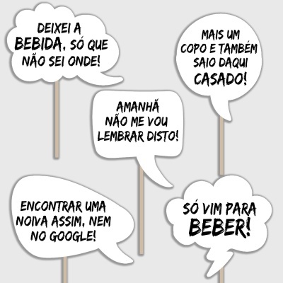 Cinco balões de diálogo com frases engraçadas em português sobre beber