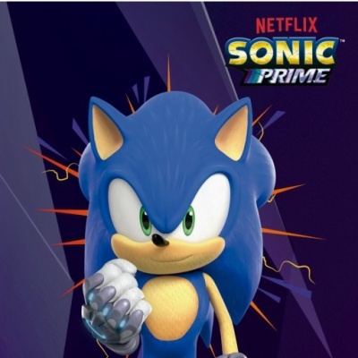 Personagem Sonic Prime azul com texto Netflix Sonic Prime