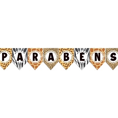 Bandeirolas decorativas com a palavra PARABÉNS em padrões de pele de animais diferentes