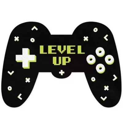 Guardanapo preto formato comando videojogo com texto LEVEL UP e símbolos brancos e amarelos