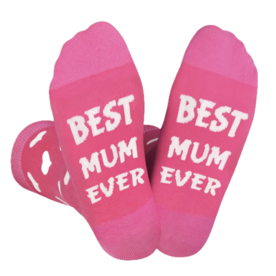 Meias cor de rosa com texto branco BEST MUM EVER na sola