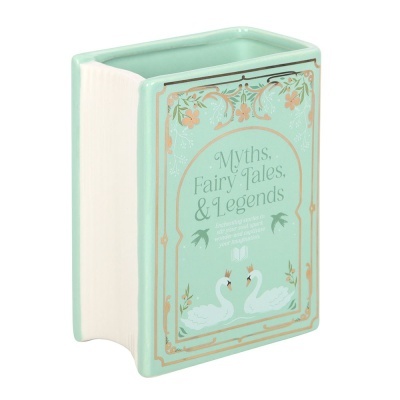 Livro decorativo verde água com cisnes e texto Myths, Fairy Tales, & Legends