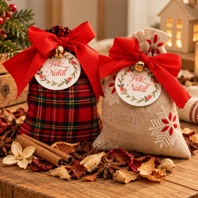 Dois sacos de tecido natalícios com laços vermelhos e etiquetas Feliz Natal sobre mesa de madeira