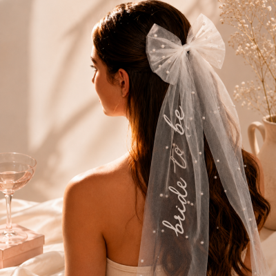 Laço branco com texto bride to be e pérolas no cabelo de mulher