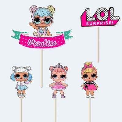 Toppers de papel LOL Surprise com personagens e texto Parabéns