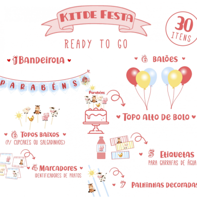 Kit festa infantil com bandeirola, balões, topos de bolo, marcadores, etiquetas e palhinhas decoradas
