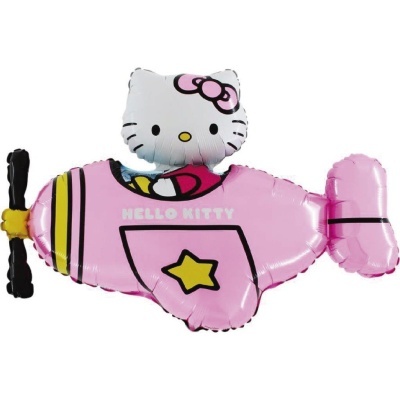 Balão em forma de avião rosa com personagem Hello Kitty.
