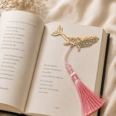 Marcador de livros com padrão de baleia em metal dourado e pendente rosa numa página de livro aberto em tecido bege.
