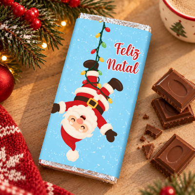 Barra de chocolate embrulhada com design de Natal e texto Feliz Natal sobre mesa de madeira com pedaços de chocolate e decoração natalícia