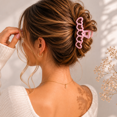 Presilha de cabelo rosa com corações em cabelo preso de mulher.