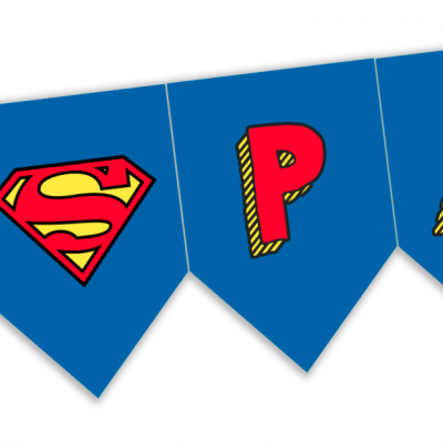 Bandeirola azul com símbolo do Super-Homem e letras coloridas