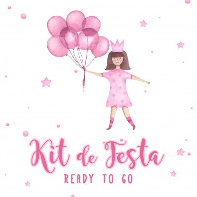 Ilustração de rapariga com balões cor-de-rosa e texto 'Kit de Festa READY TO GO'
