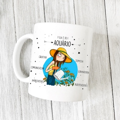 Caneca branca com ilustração e texto sobre Aquário