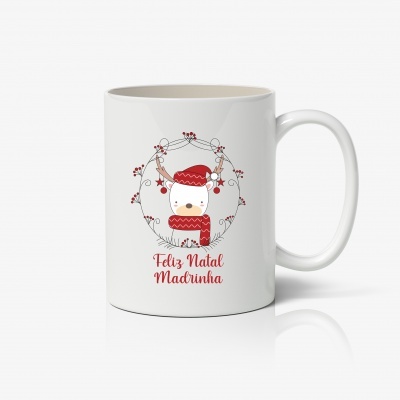 Caneca branca com rena e texto Feliz Natal Madrinha