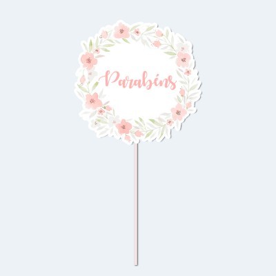 Topper decorativo branco com flores cor-de-rosa e texto 'Parabéns'