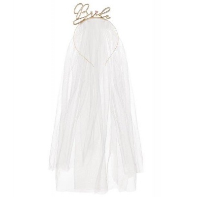 Véu branco de noiva com armação dourada e palavra Bride