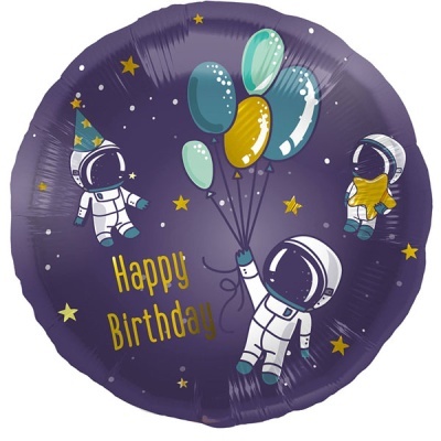 Balão foil redondo roxo com astronautas e texto Happy Birthday