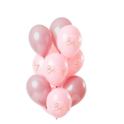 Balões rosa e rosa metalizado com texto 'Happy Birthday'