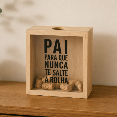 Caixa decorativa em madeira clara com texto para pai e rolhas, sobre móvel de madeira com vaso cerâmico e folhas verdes