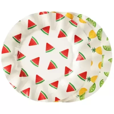 Pratos descartáveis com estampas de frutas coloridas