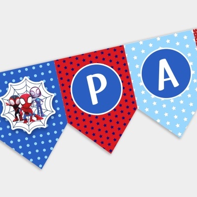 Bandeirola decorativa com personagens do Homem-Aranha em tecido colorido