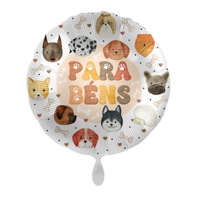 Balão decorativo redondo com ilustrações de cães e texto Parabéns