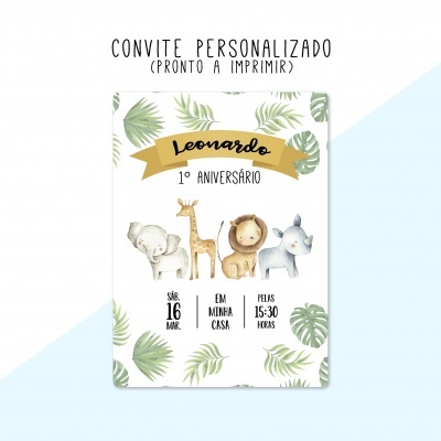 Convite personalizado de aniversário infantil com animais e folhas verdes