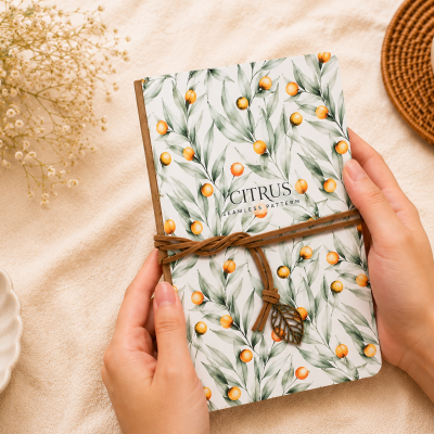 Caderno decorado com padrão de folhas e frutos cítricos, amarrado com cordão castanho e pendente em folha