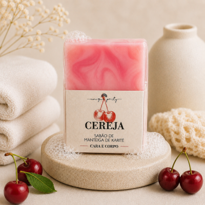Sabonete rosa marmoreado com rótulo de cereja, em base beje com espuma e cerejas ao redor.