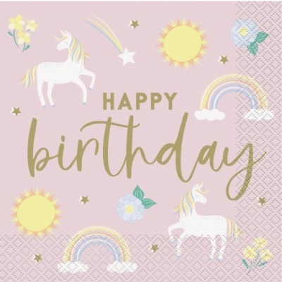Guardanapo rosa claro com unicórnios, sóis, arco-íris, flores, estrelas e texto HAPPY birthday
