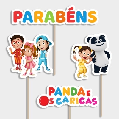 Recortes coloridos com personagens de desenho animado e texto PARABÉNS e PANDA E OS CARICAS