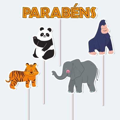 Topper para bolo com animal de desenho animado e texto 'PARABÉNS'