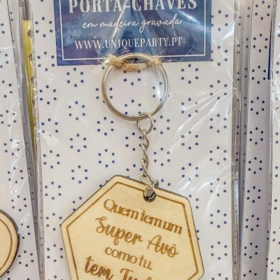 Porta-chaves de madeira gravada com texto para avô, em embalagem com cartão branco e pontos azuis.
