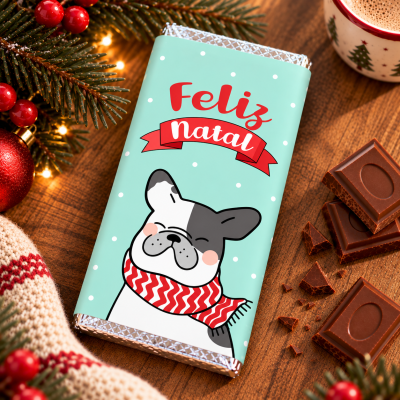 Barra de chocolate com embalagem azul claro e ilustração de cão com cachecol vermelho