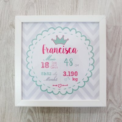 Quadro decorativo branco com detalhes em rosa, verde e cinza com informações de nascimento
