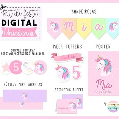 Kit digital festa unicórnios com bandeirolas coloridas, toppers, poster rosa e etiquetas decorativas