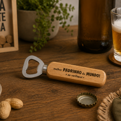 Abridor de garrafas com cabo de madeira e texto gravado em mesa de madeira junto a copo, garrafa, amendoins e objeto decorativo com rolhas