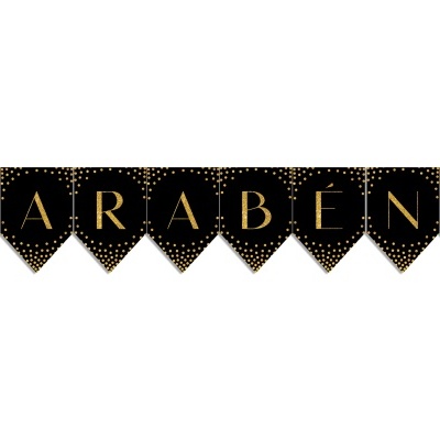 Bandeirola preta com letras douradas que dizem PARABÉNS