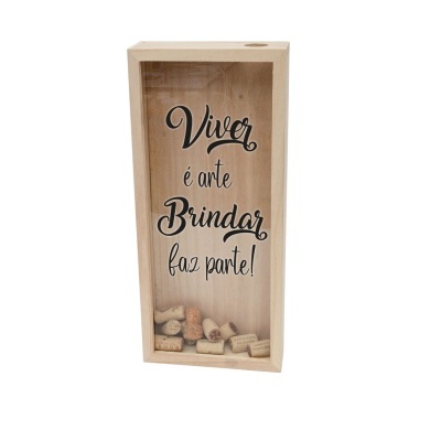 Caixa decorativa de madeira para guardar rolhas com frase em português
