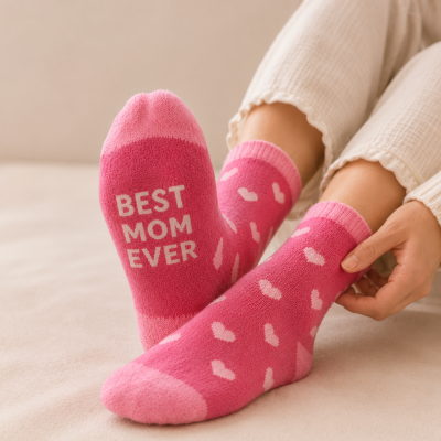 Meias cor-de-rosa com corações e texto BEST MOM EVER