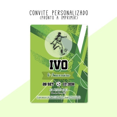 Convite de aniversário personalizado com tema futebol em verde e branco.