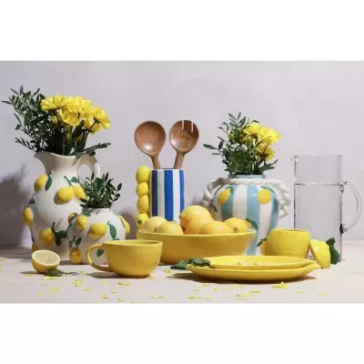 Conjunto cerâmico com limões amarelos, flores e jarro de vidro com água
