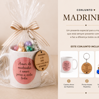 Conjunto de presente para madrinha com caneca, porta-chaves de madeira e saquinho de bombons coloridos