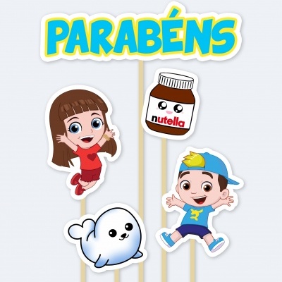 Topers de festa coloridos com personagens e palavra PARABÉNS